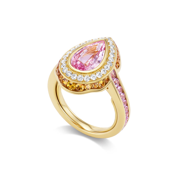 18K Yellow Gold Jubilee Ring with 2.54ct Pear Shape Padparadscha Center, Orange and Pink Sapphires and  Diamonds