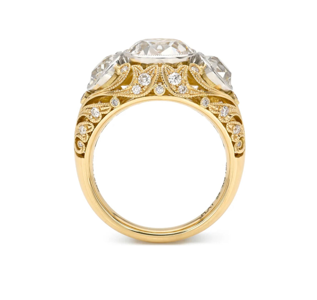 18K Yellow Gold and Platinum "Agnes" Three Stone Ring featuring a 2.73 ct Old Mine Cut Diamond Center