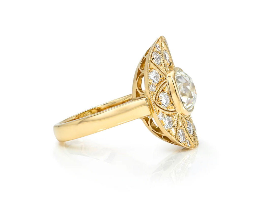 18K Yellow Gold "Britton" Ring with 1.51 carat Old Mine Cut Diamond Center