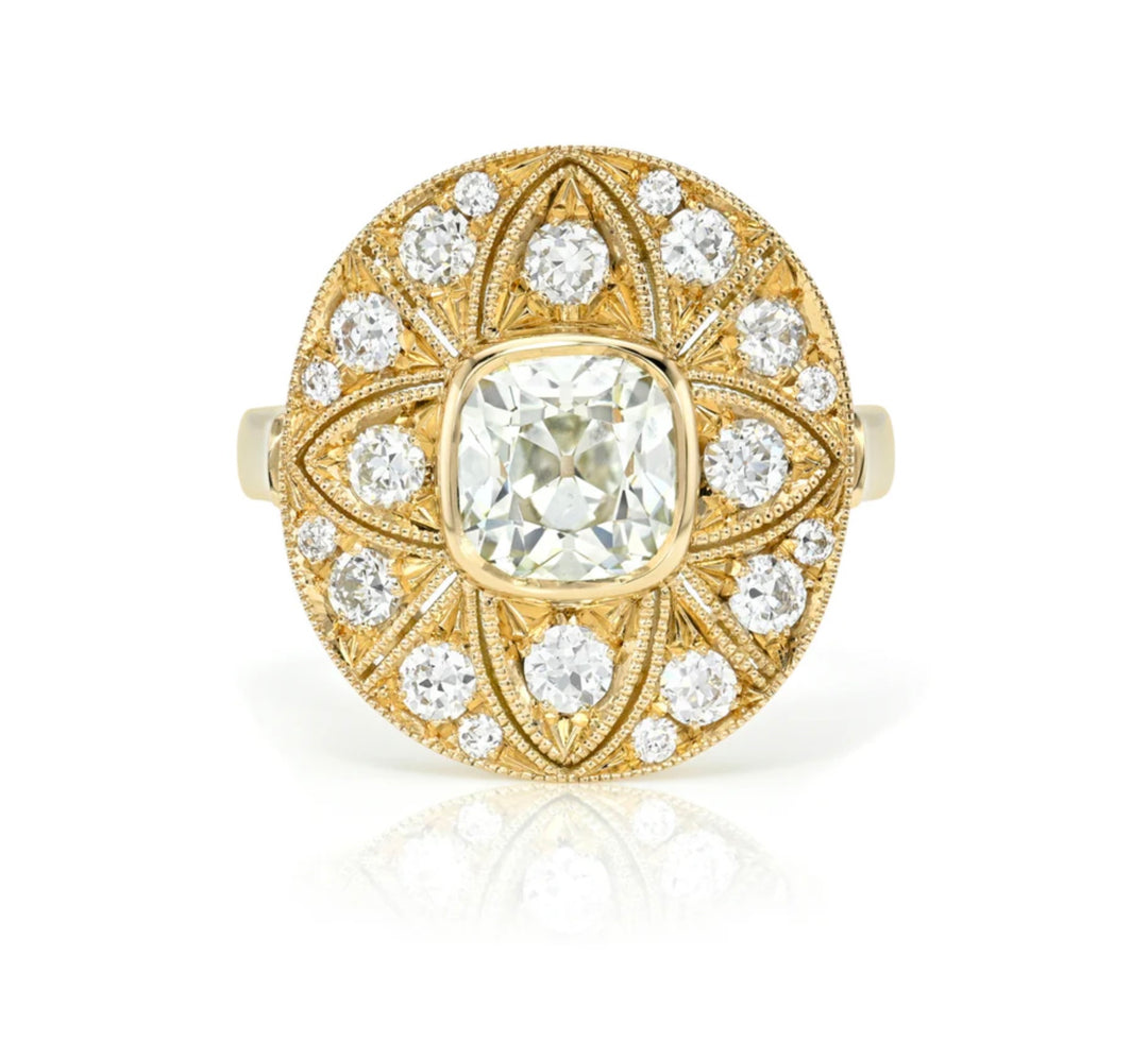 18K Yellow Gold "Britton" Ring with 1.51 carat Old Mine Cut Diamond Center