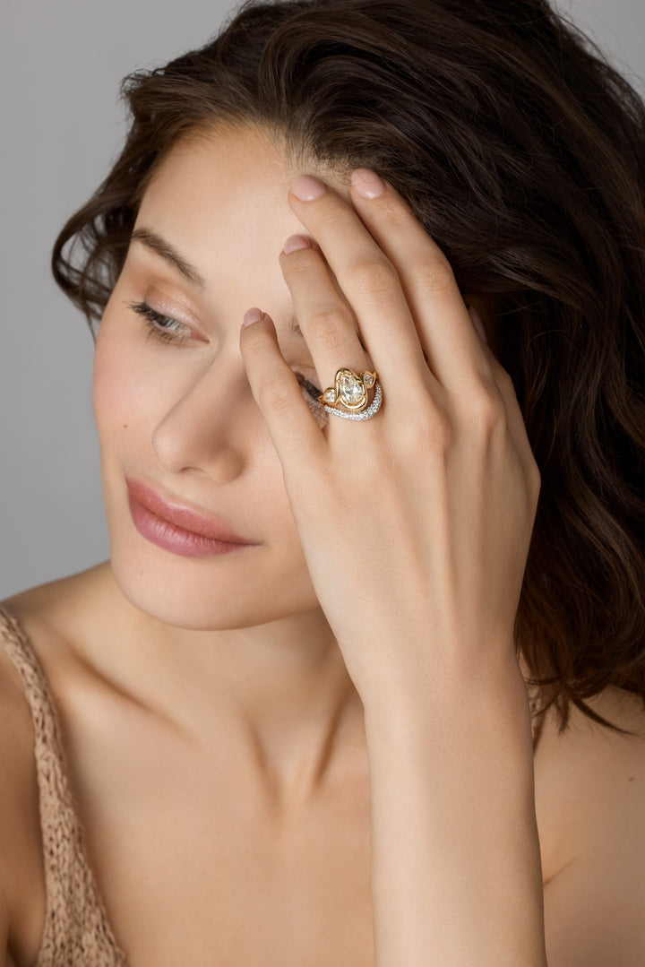 18K Yellow Gold Layla Ring with Modified Pear Brilliant Cut Diamond Center & side diamonds