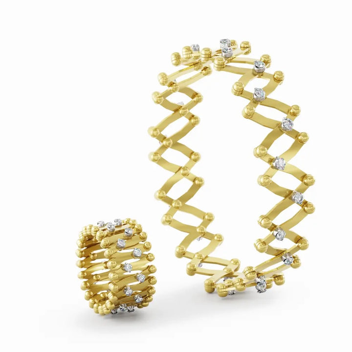 18K Yellow and White Gold Ring Bracelet with Scattered Round Brilliant Cut Diamonds