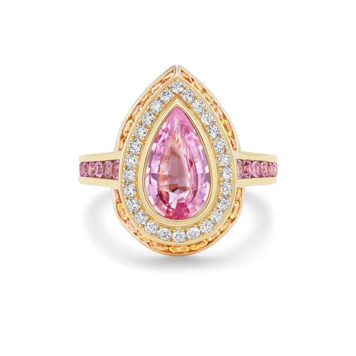18K Yellow Gold Jubilee Ring with 2.54ct Pear Shape Padparadscha Center, Orange and Pink Sapphires and  Diamonds