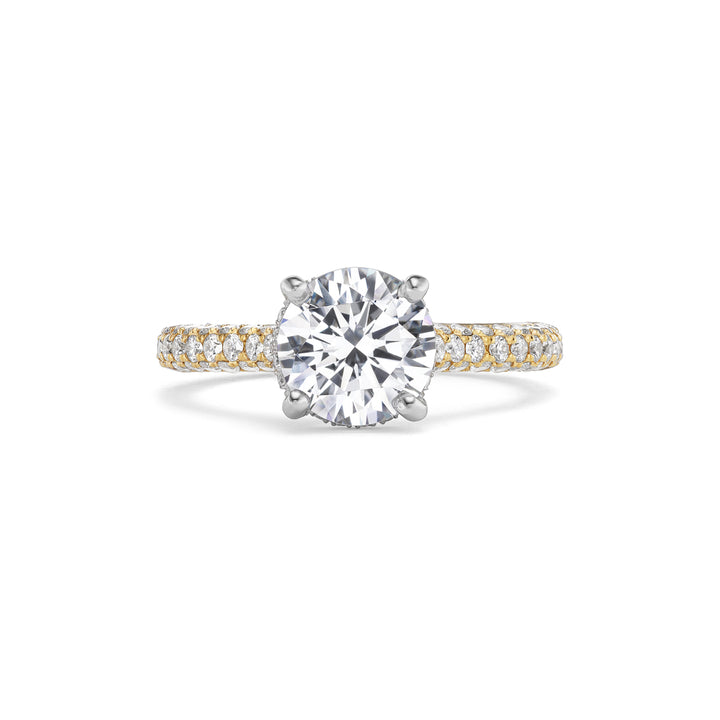 G Marie custom ring: 18K Yellow Gold, 3-sided pave set diamonds, Platinum Prongs for 2 ct Center Stone