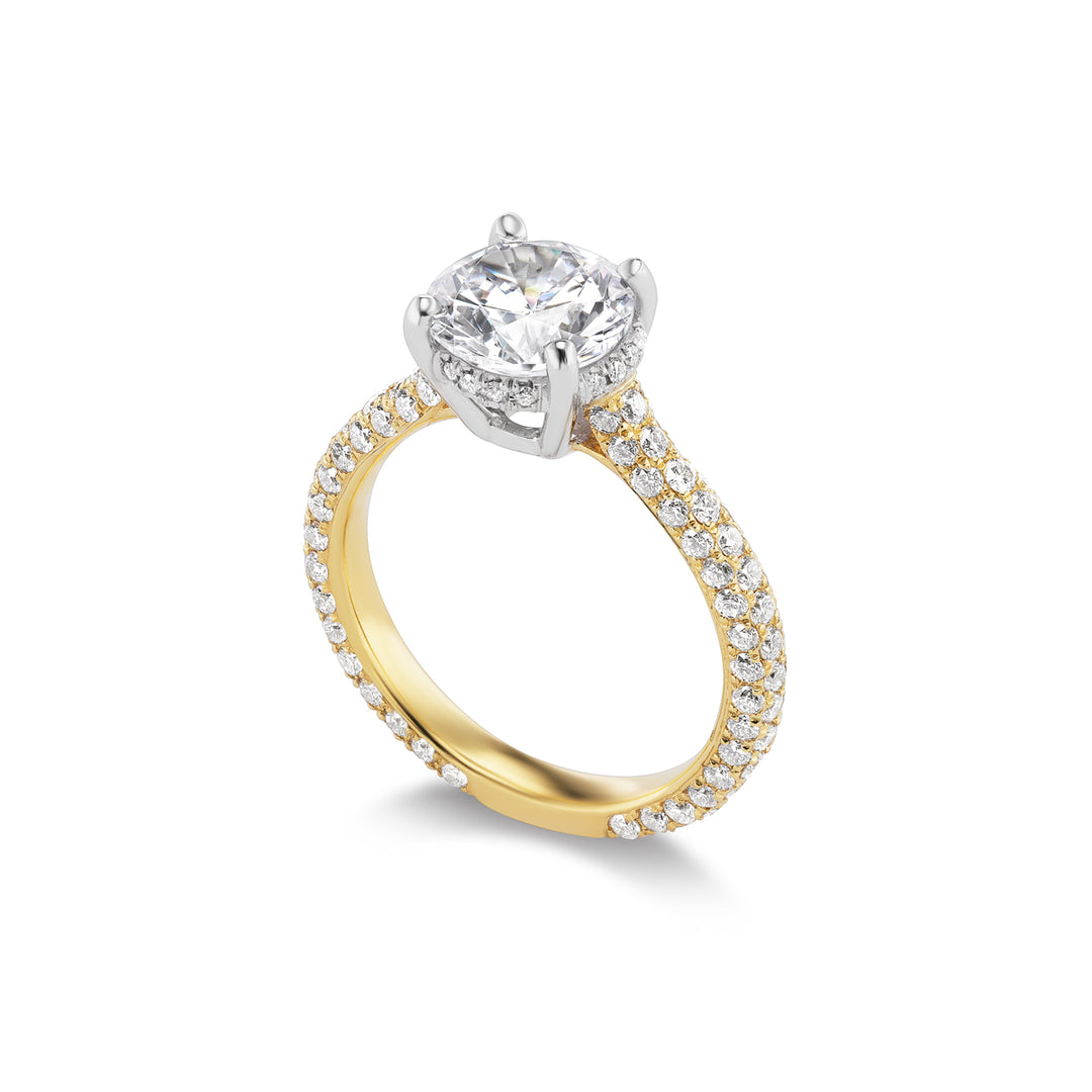 G Marie custom ring: 18K Yellow Gold, 3-sided pave set diamonds, Platinum Prongs for 2 ct Center Stone