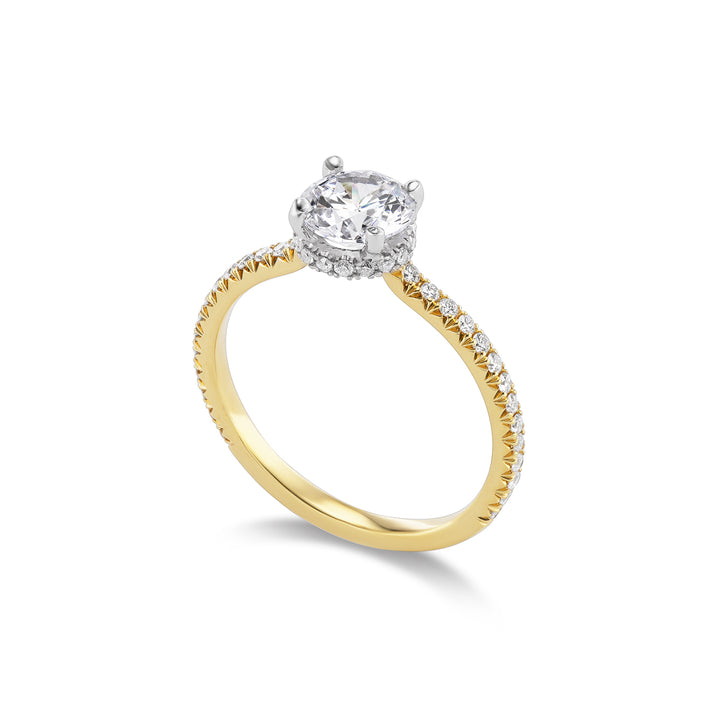 18k Yellow Gold Engagement Ring with  French set diamonds &  platinum head for 1 ct center stone