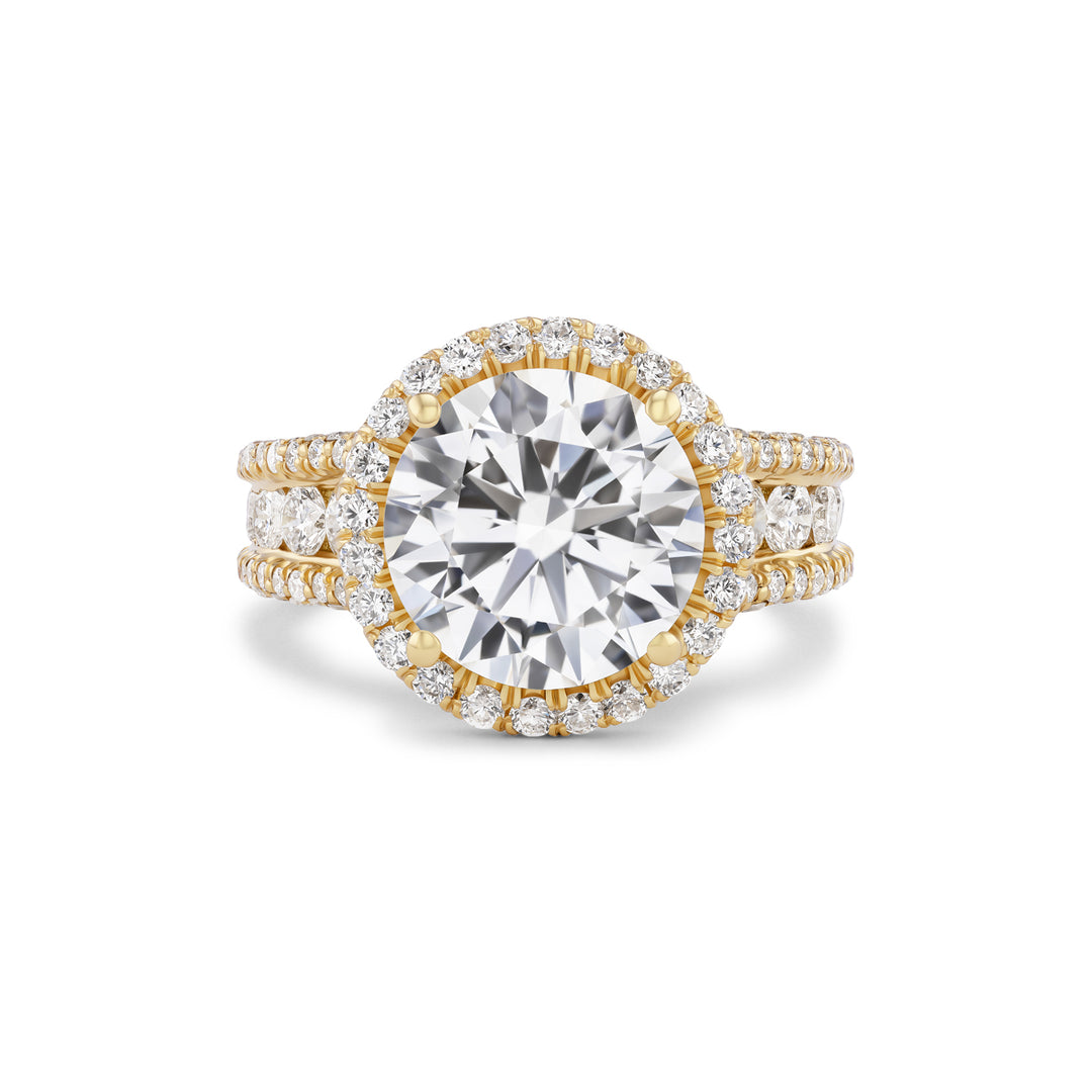 18K Yellow Gold Loud Engagement Ring with 5.01 carat LG Round Diamond Center, Diamond Halo & three rows of Pave and Channel Set Diamonds