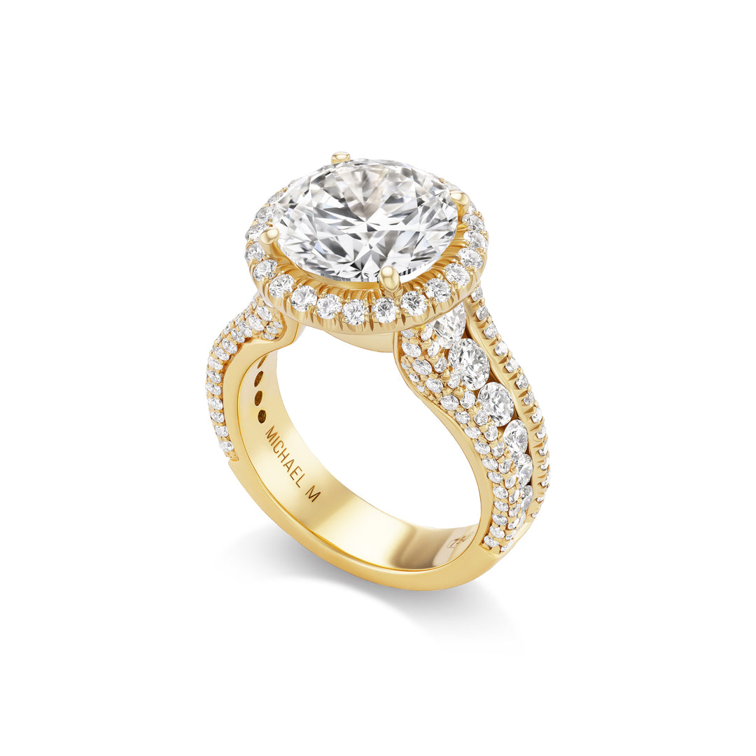 18K Yellow Gold Loud Engagement Ring with 5.01 carat LG Round Diamond Center, Diamond Halo & three rows of Pave and Channel Set Diamonds
