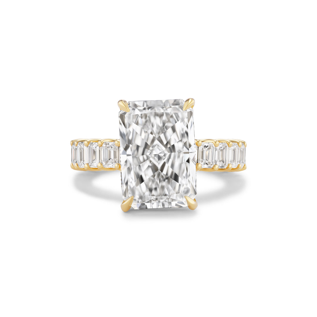 18K Yellow Gold Montage Engagement Ring with 8.01ct LG Diamond Center,  Emerald Cut Diamonds 3/4 Around the Band &  Hidden Halo