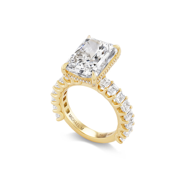 18K Yellow Gold Montage Engagement Ring with 8.01ct LG Diamond Center,  Emerald Cut Diamonds 3/4 Around the Band &  Hidden Halo