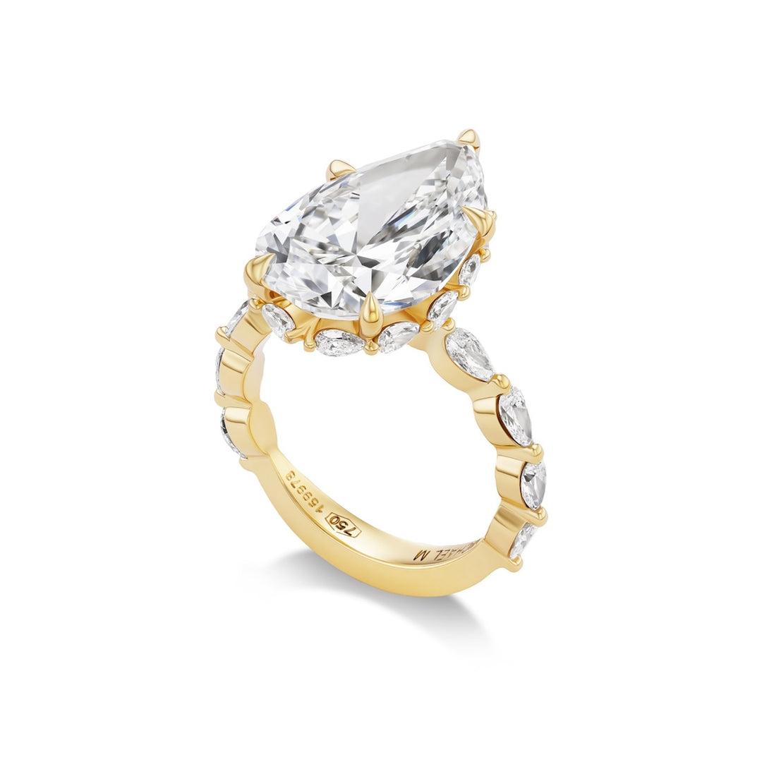 18K Yellow Gold Icon Bridal Ring with 8.07 ct LG Pear Shaped Diamond with Pear-Shaped Diamonds on Band.