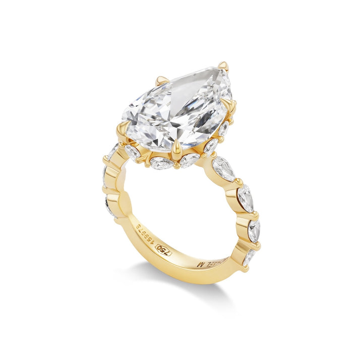 18K Yellow Gold Icon Bridal Ring with 8.07 ct LG Pear Shaped Diamond with Pear-Shaped Diamonds on Band.