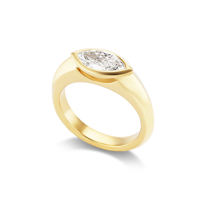 18K Yellow Gold Thin Windsor Ring with Lab Grown 1.11 ct Marquise Diamond