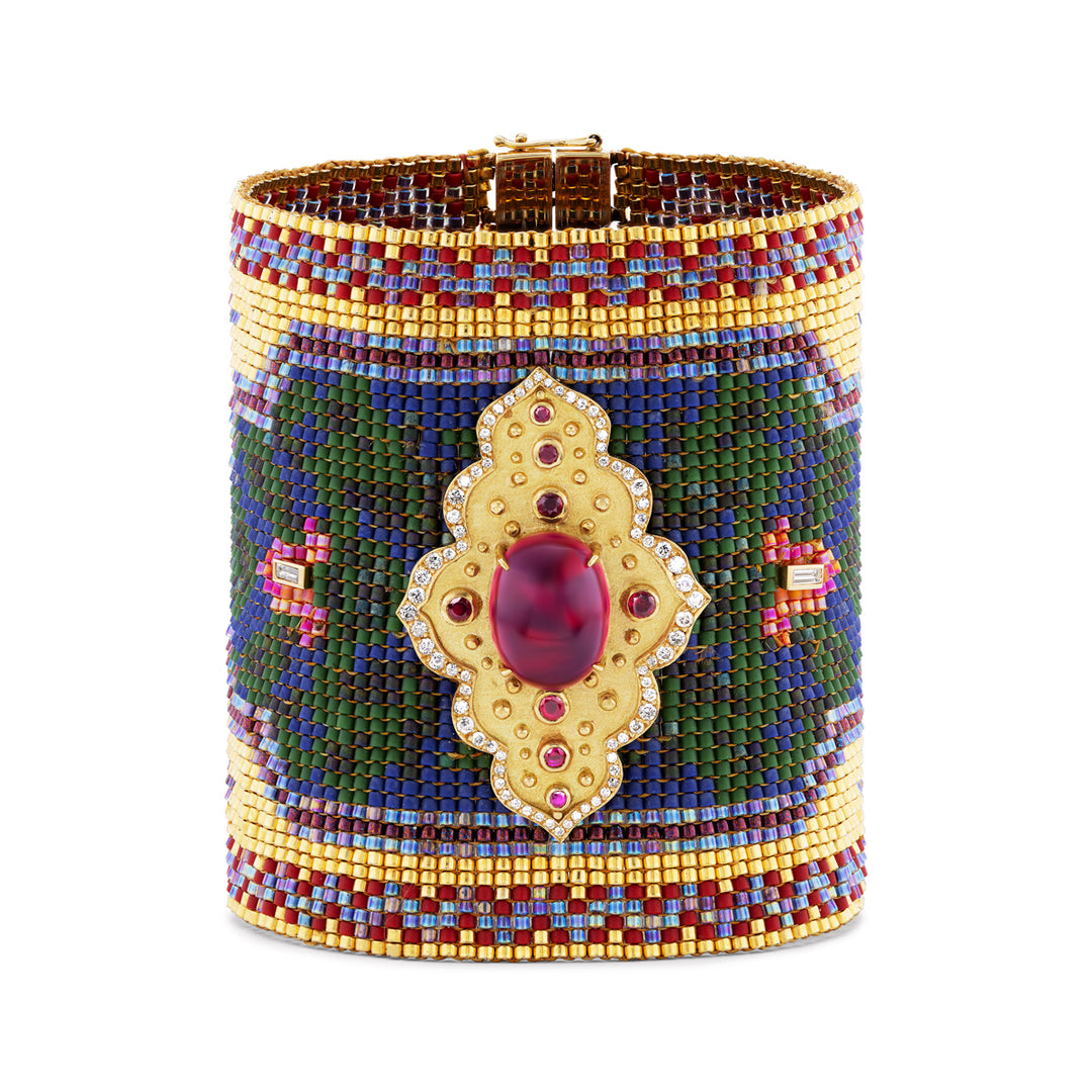 18K Yellow Gold Pink Tourmaline, Diamond, Ruby and Porcelain Bead Silk Road Bracelet