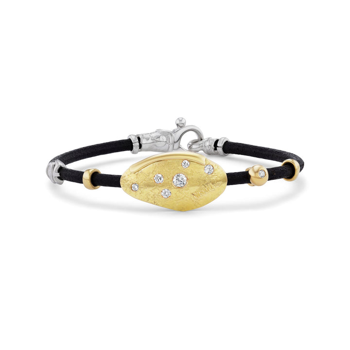 18K Yellow Gold and Sterling Silver Leather Bracelet with Hammered Gold and Diamond Center