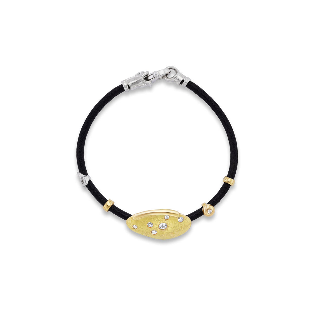 18K Yellow Gold and Sterling Silver Leather Bracelet with Hammered Gold and Diamond Center