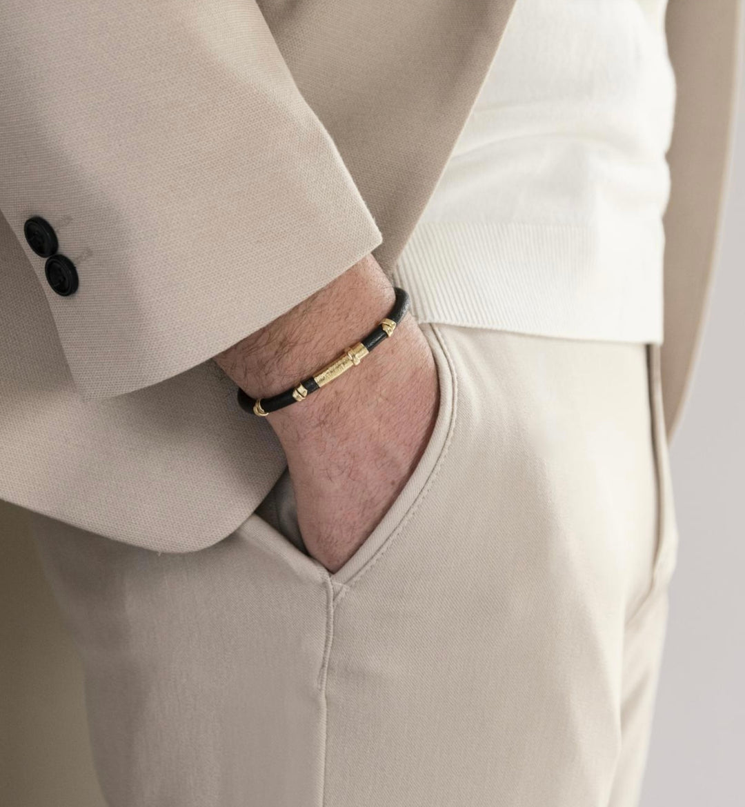 18K Yellow Gold Grand Tour Leather Bracelet with Hammered Gold Elements & Concealed Clasp