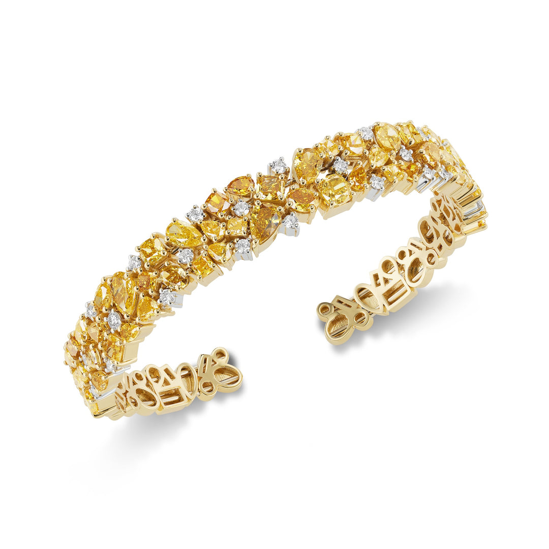 18K Yellow Gold Flexible Cuff Bracelet with Mixed Shape Orangey Yellow, Yellow and White Diamonds