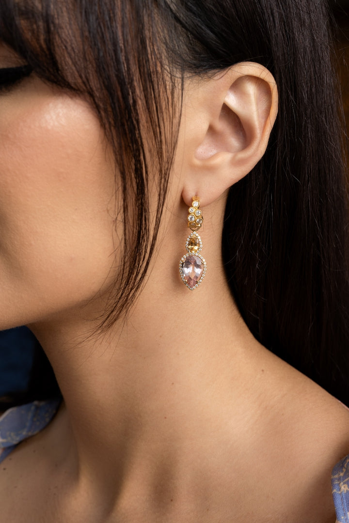 18K Yellow Gold Imperial Topaz, Morganite and Diamond Earrings