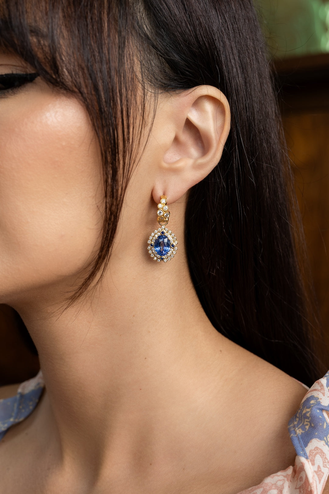 18K Yellow Gold,  Oval Blue Sapphire and Diamond Drop Earrings