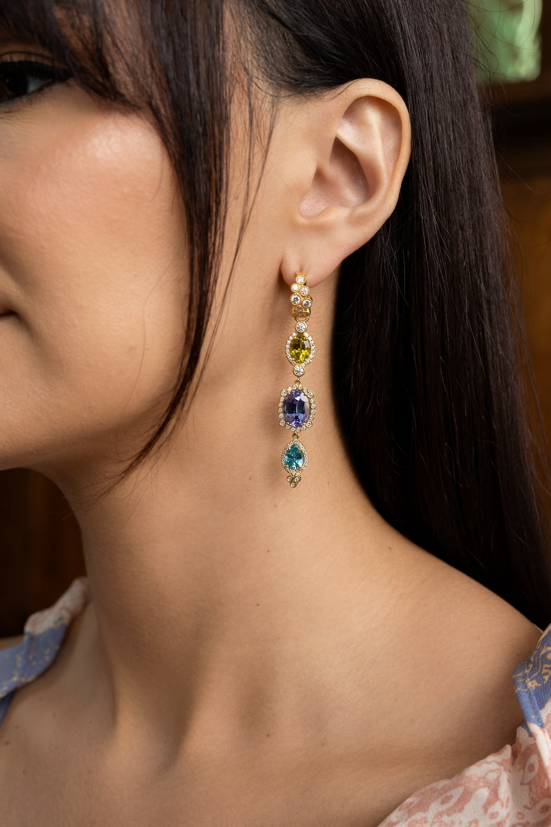 18K Yellow Gold Canary Tourmaline, Lavender Tanzanite, Blue Zircon and Diamond Drop Earrings