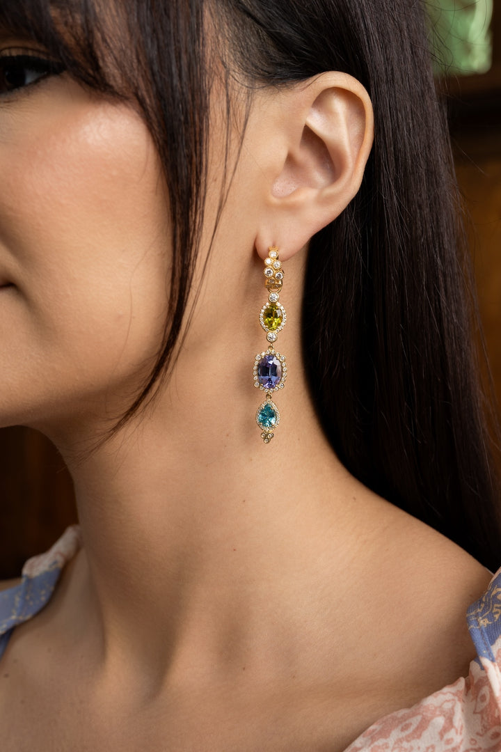 18K Yellow Gold Canary Tourmaline, Lavender Tanzanite, Blue Zircon and Diamond Drop Earrings