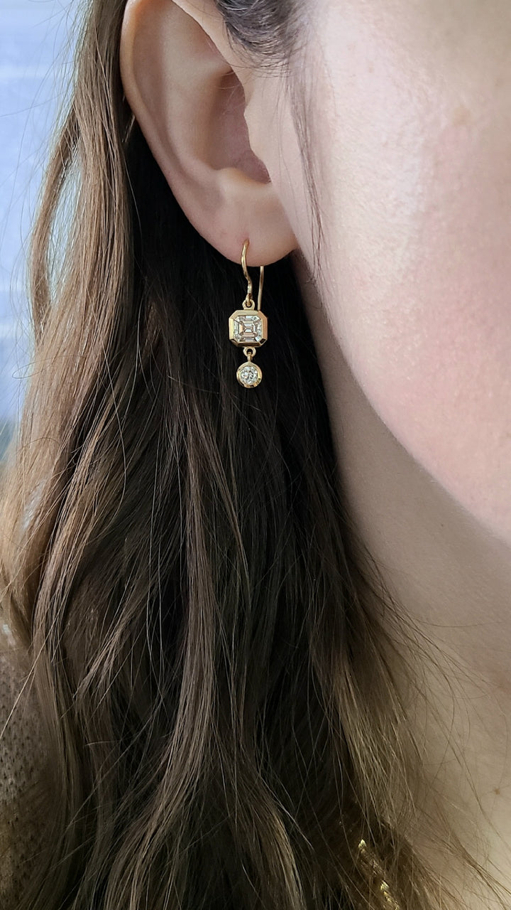 18K Yellow Gold Emerald Cut and Old European Cut Diamond Paloma Earrings