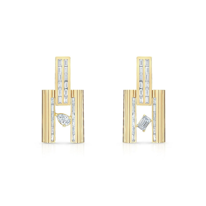 18K Yellow Gold, Blade Earrings with Pear Shape & Emerald Cut Diamonds