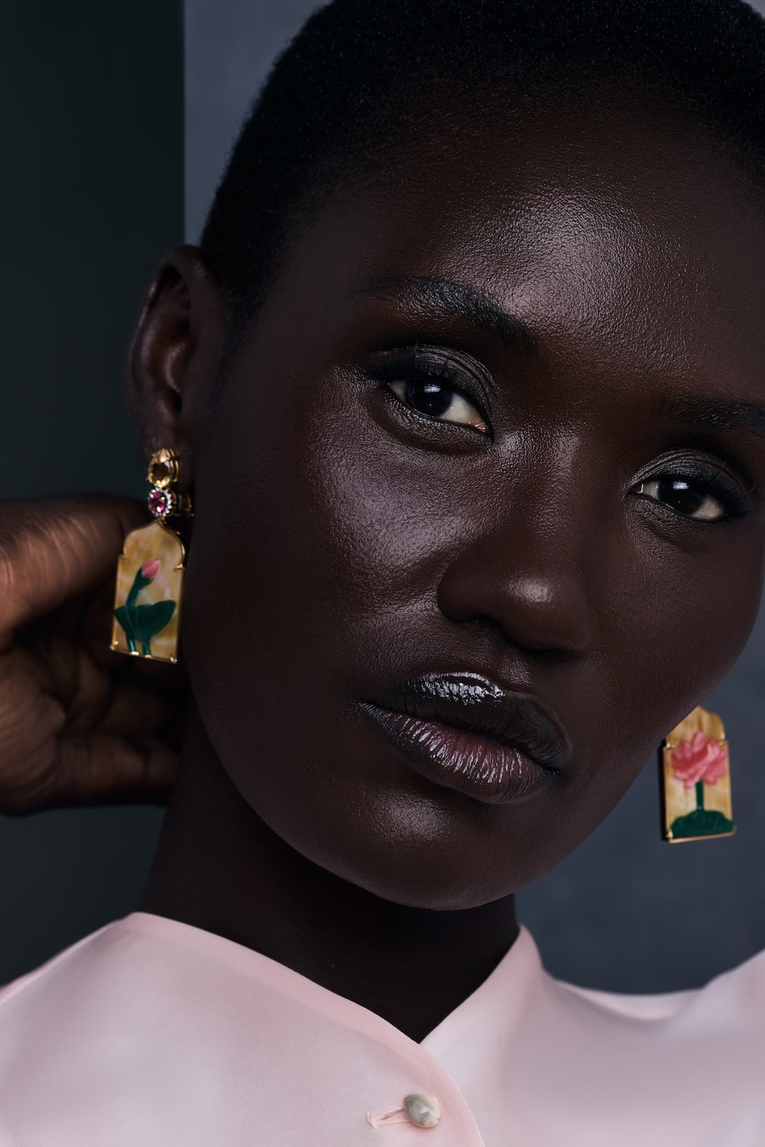 18K Yellow Gold, Lotus Flower Window Shaped Drop Earrings with Pink Tourmaline, Citrine & Diamonds