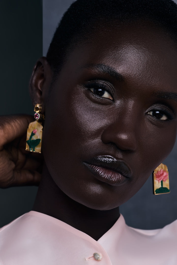 18K Yellow Gold, Lotus Flower Window Shaped Drop Earrings with Pink Tourmaline, Citrine & Diamonds