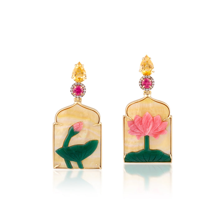 18K Yellow Gold, Lotus Flower Window Shaped Drop Earrings with Pink Tourmaline, Citrine & Diamonds