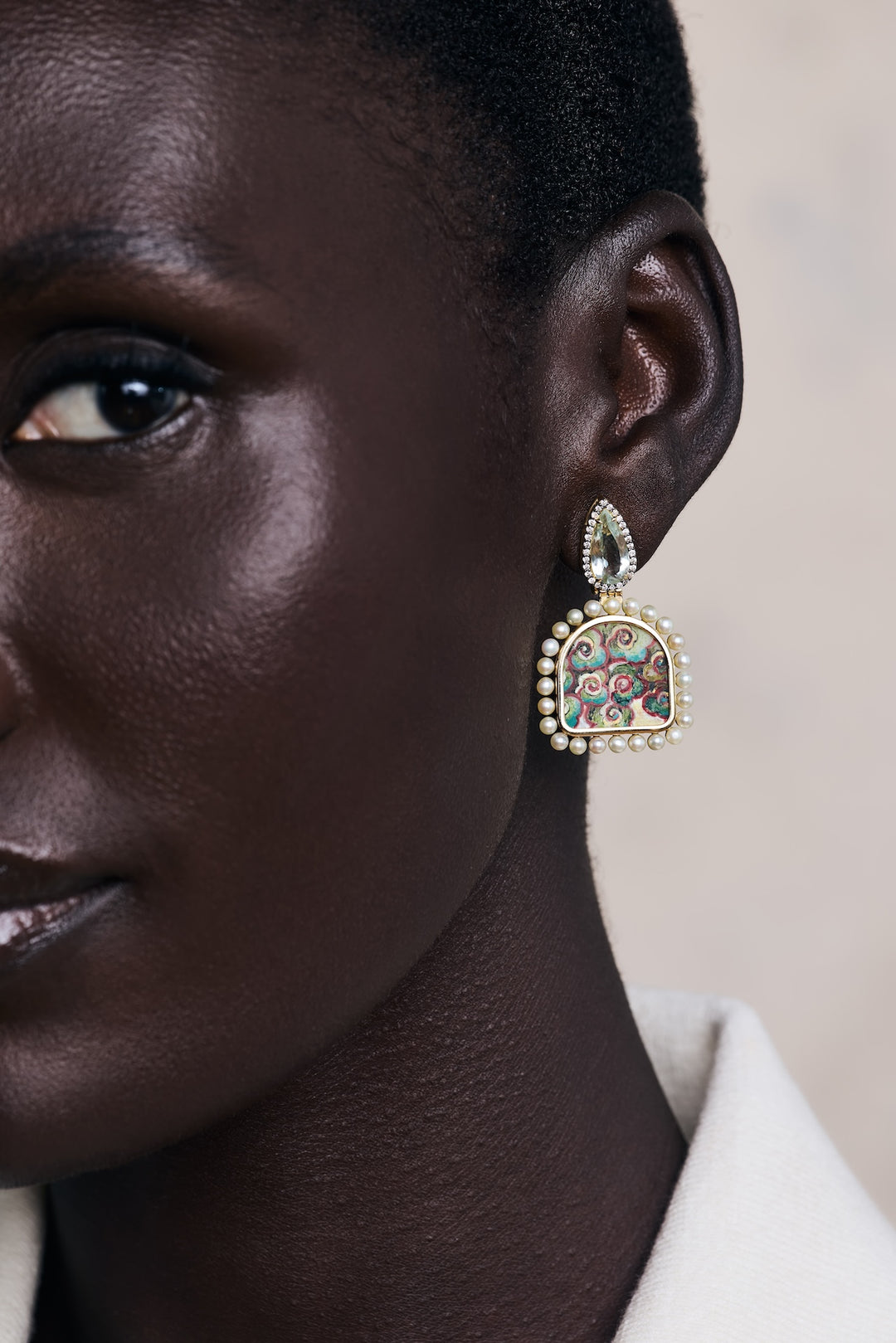 18K Yellow Gold, Miniature Cloud Painting Drop Earrings with Pear Shaped Prasiolite &  Round Brilliant Cut Diamond