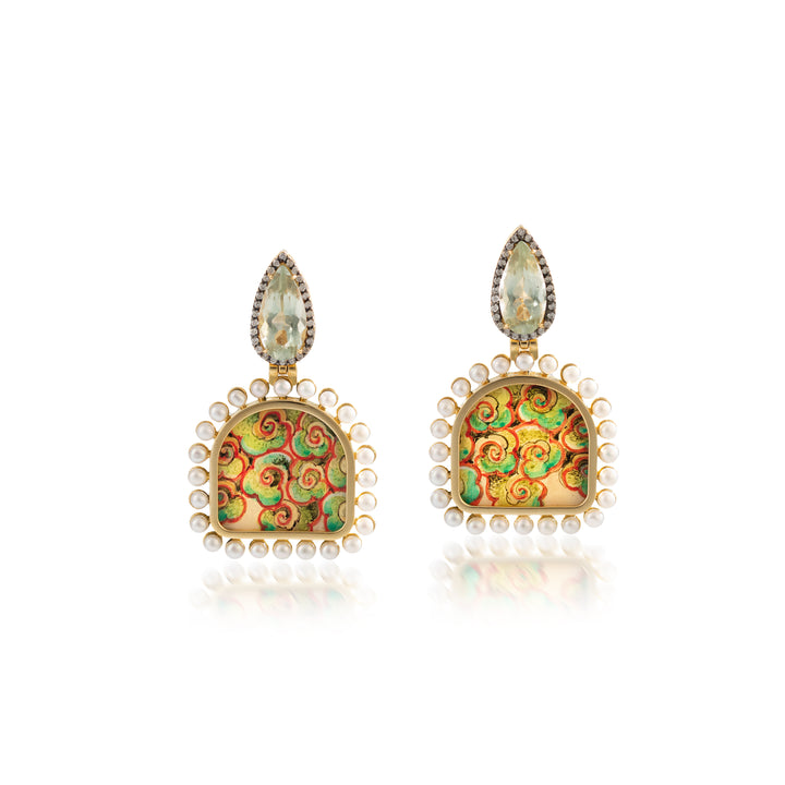 18K Yellow Gold, Miniature Cloud Painting Drop Earrings with Pear Shaped Prasiolite &  Round Brilliant Cut Diamond