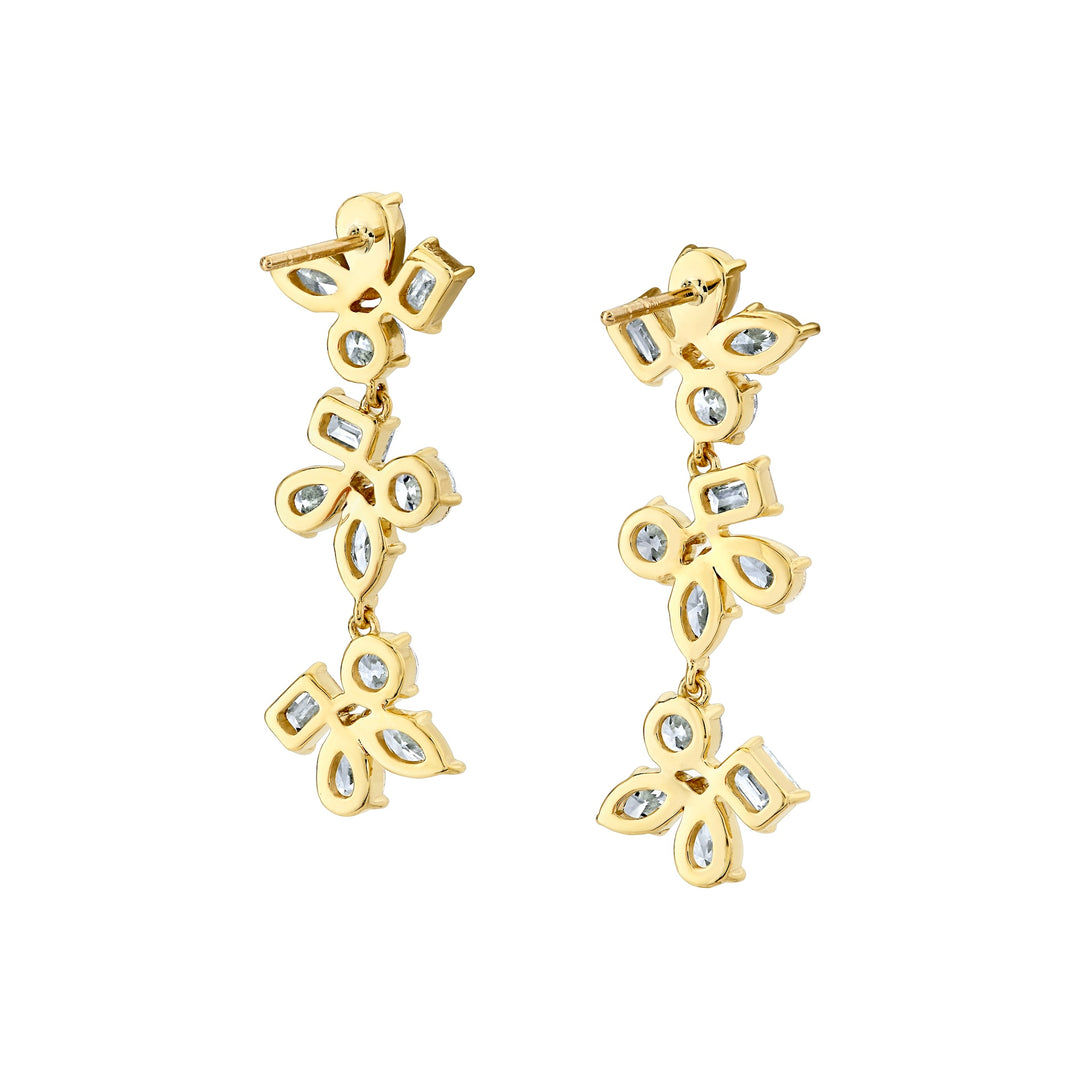 18K Yellow Gold Montage 3 Cluster Drop Earrings with Round, Marquise, Emerald & Pear Shaped Diamonds
