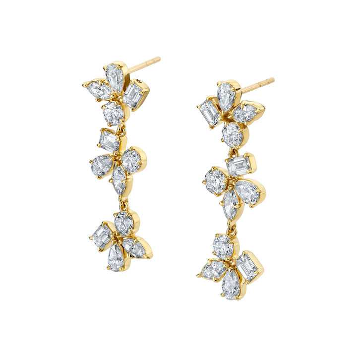 18K Yellow Gold Montage 3 Cluster Drop Earrings with Round, Marquise, Emerald & Pear Shaped Diamonds