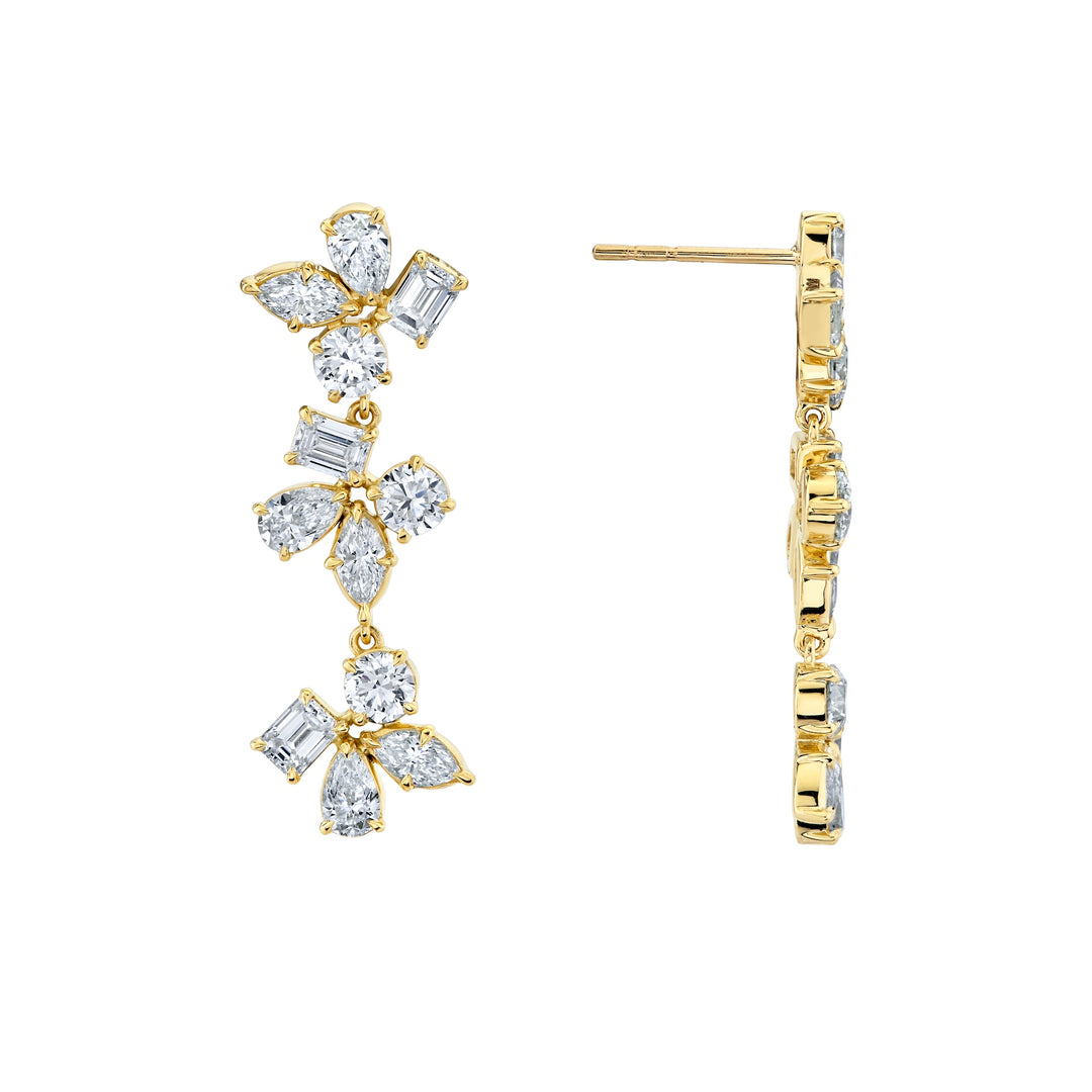 18K Yellow Gold Montage 3 Cluster Drop Earrings with Round, Marquise, Emerald & Pear Shaped Diamonds
