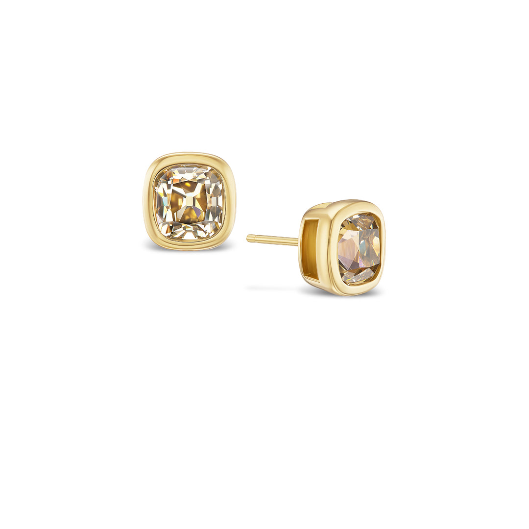 18K Yellow Gold Studs with 6.39 cttw Old Mine Cut Fancy Yellow Brown Diamonds