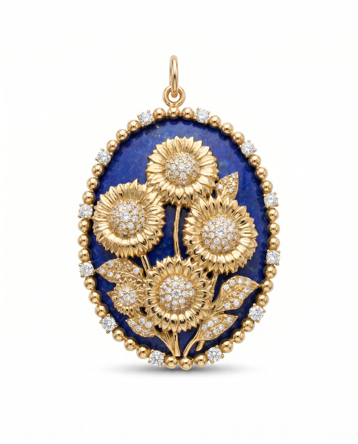18K Yellow Gold,  Lapis Lazui and Diamond (1.45 cttw) Sunflower Medallion Pendant