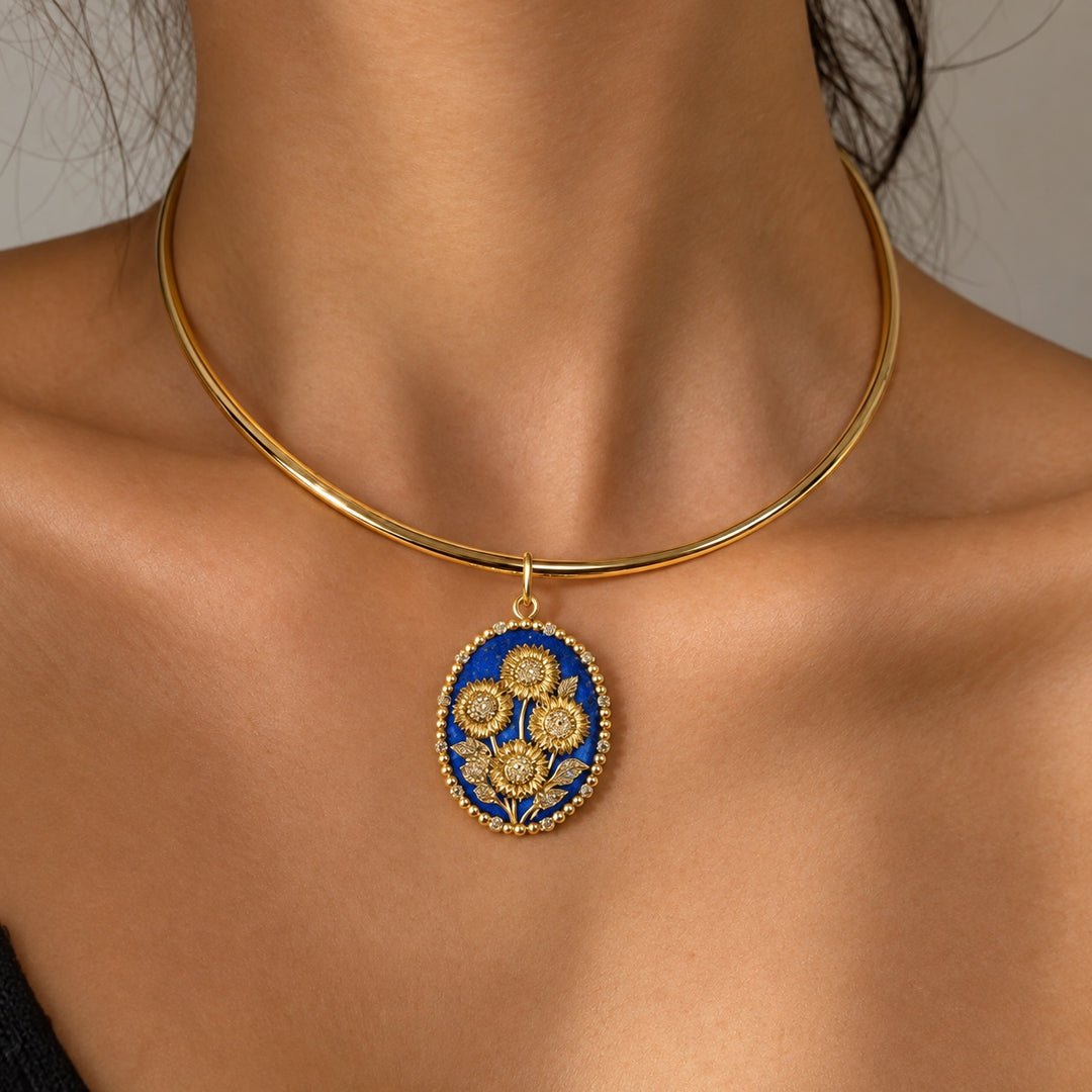 18K Yellow Gold,  Lapis Lazui and Diamond (1.45 cttw) Sunflower Medallion Pendant
