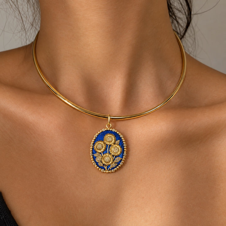 18K Yellow Gold,  Lapis Lazui and Diamond (1.45 cttw) Sunflower Medallion Pendant