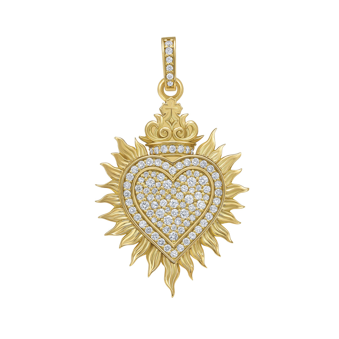 18K Yellow Gold and Diamond (0.95 cttw) Sacred Heart Charm Pendant