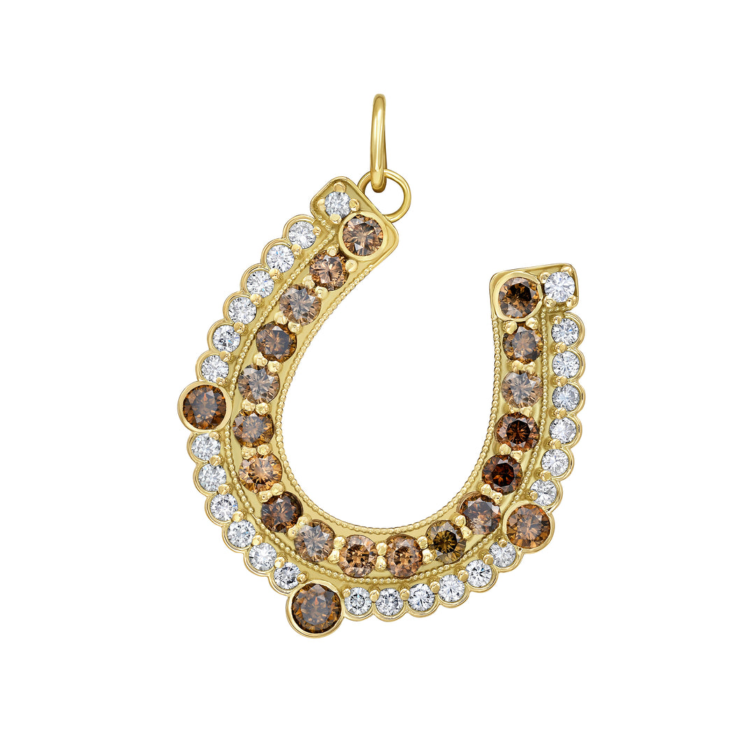 18K Yellow Gold Horseshoe Charm Pendant with Brown Diamonds and White Diamonds