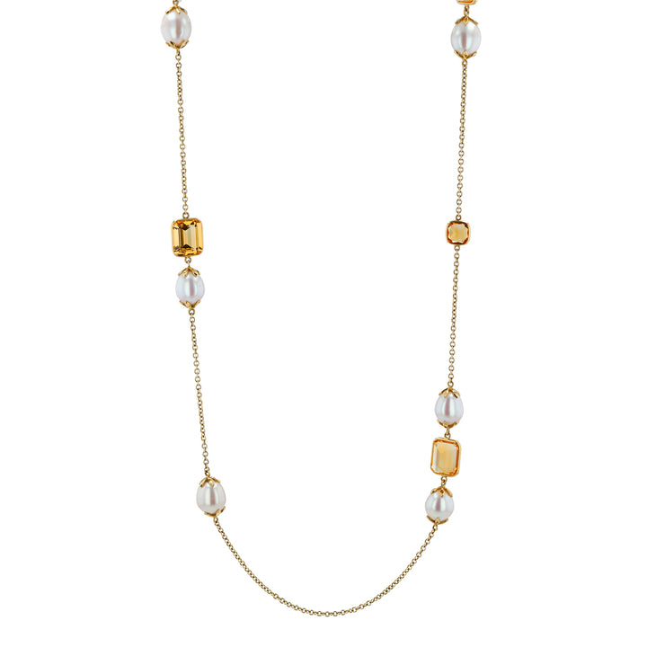 18K Yellow Gold, Citrine and Freshwater Pearls 30" Necklace.