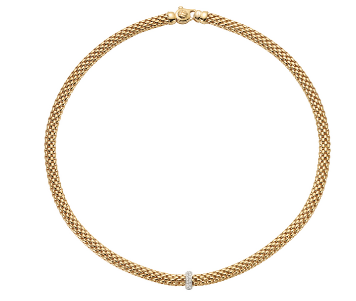 18K Yellow Gold Necklace with Round Brilliant Cut Diamond (0.10 cttw) Center Station