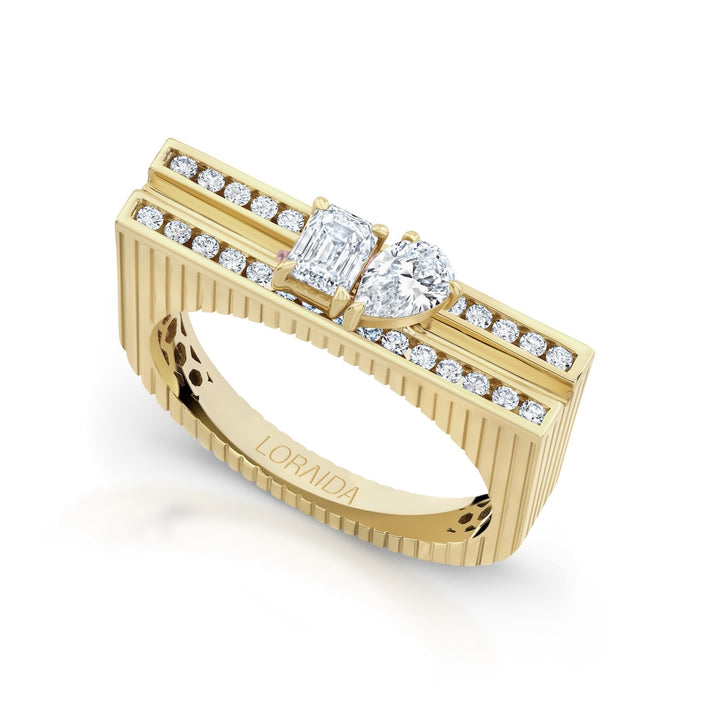 18K Yellow Blade Ring with Emerald Cut & Pear Shape Diamonds