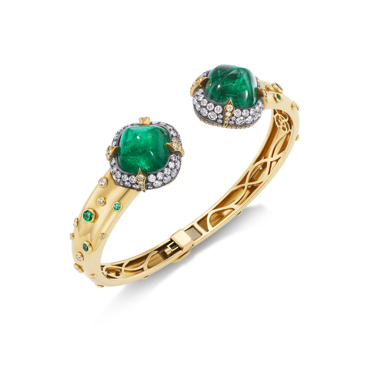One of a Kind 18K Yellow Gold, Sugarloaf Emerald & Diamond Cuff Bracelet