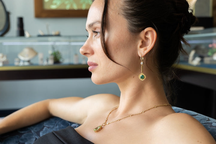 "Mystical Earrings"  18K Yellow Gold, Emerald & Diamonds