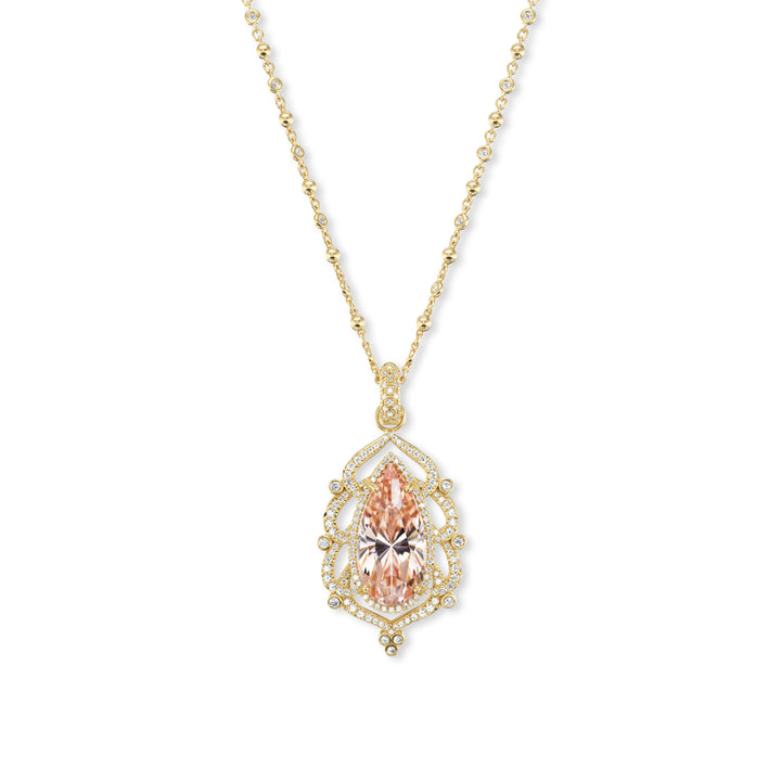 18K Yellow Gold, Morganite(19.07ct) Pear Pendant with Diamond Accents on Diamond Bail (1.12cttw).