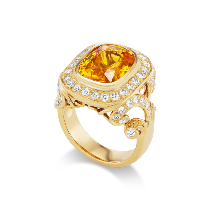18K Yellow Gold, Orange Sapphire & Diamond Ring