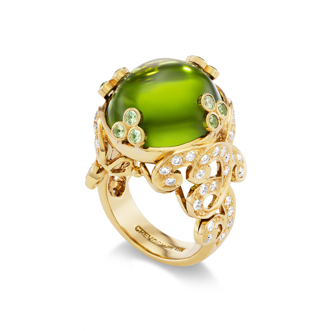 18K Yellow Gold, Peridot, Garnet and Diamond Ring